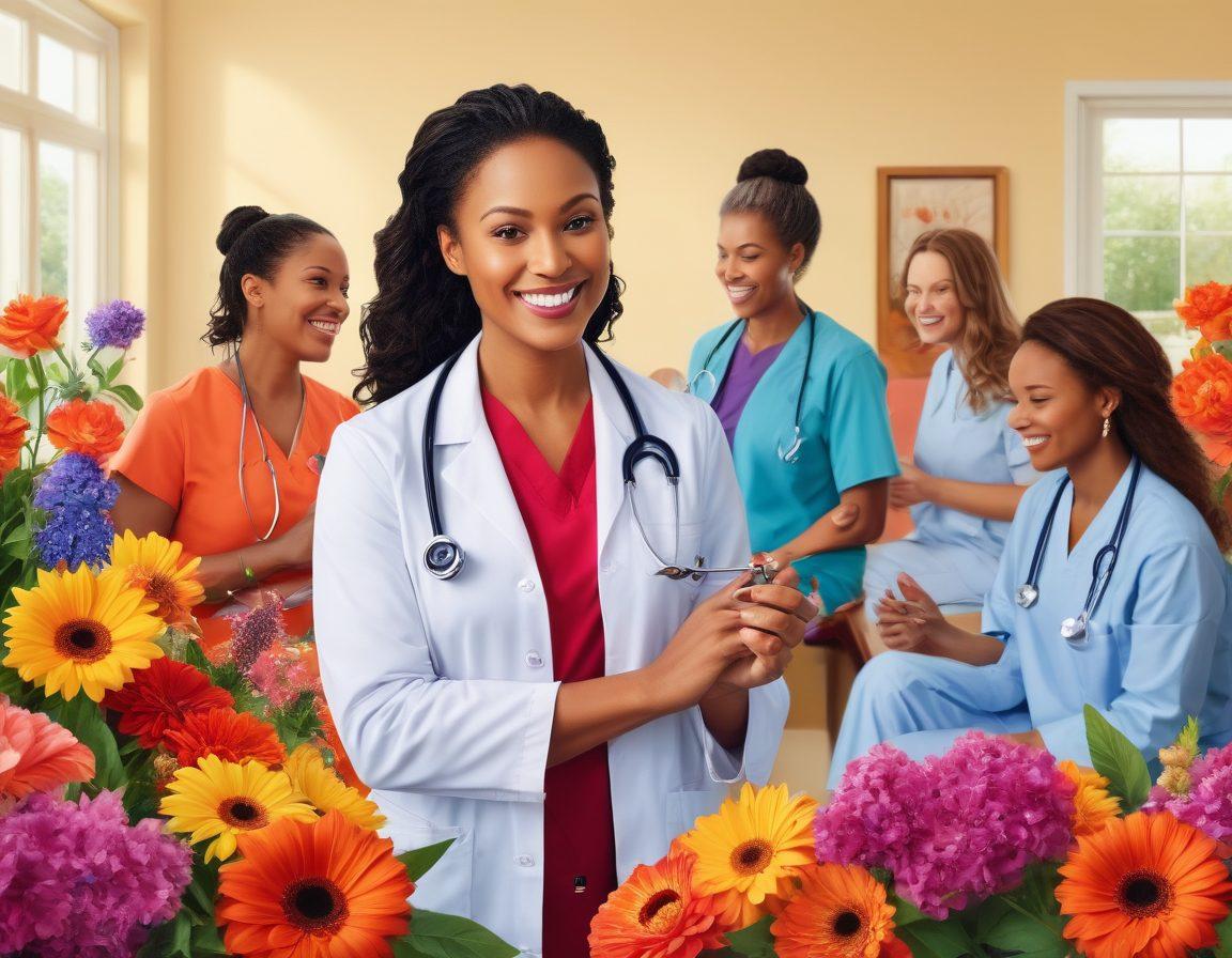A vibrant and warm illustration of diverse female physicians surrounded by empowering health symbols like a stethoscope, heart, and essential wellness tools. The physicians are depicted with joyful expressions, showcasing their compassionate care in a bright, inviting clinic setting. Include a backdrop of blooming flowers and soft natural light to evoke a sense of warmth and inspiration for women's health. super-realistic. vibrant colors. warm tones.