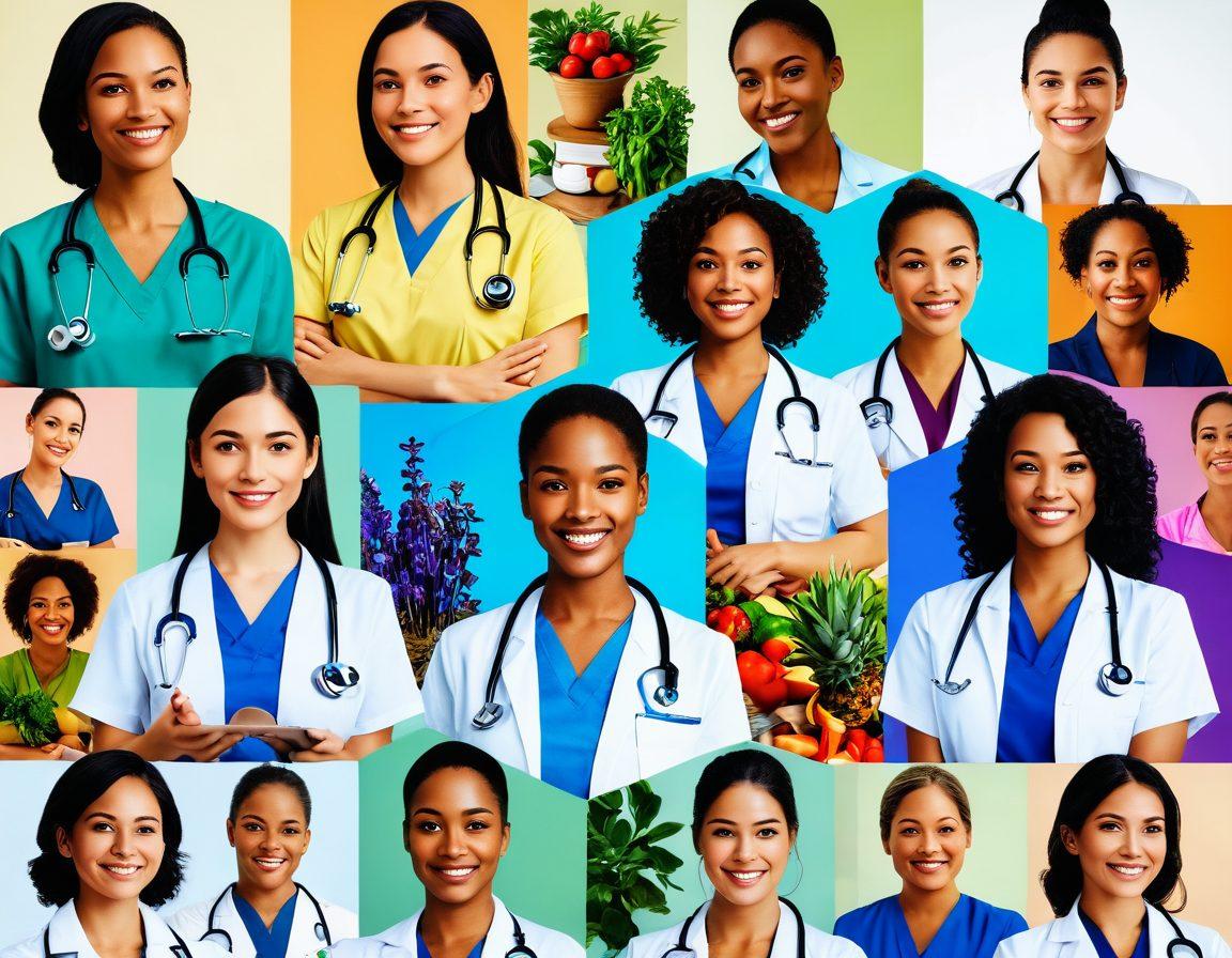A vibrant collage depicting female medical practitioners of diverse ethnicities collaborating in a modern healthcare setting, showcasing wellness solutions such as holistic therapies, nutrition, and technology. Include scenes of joyful interactions with patients of various backgrounds, surrounded by symbols of health like stethoscopes, plants, and healthy food. The overall atmosphere should be warm and welcoming, conveying unity and empowerment. super-realistic. vibrant colors. 3D.