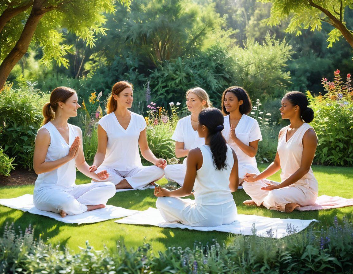 A serene scene featuring diverse women doctors in a sunlit garden, each representing different healing practices such as yoga, herbal medicine, and nutrition. They are engaged in warm discussions with patients, surrounded by vibrant plants and flowers, symbolizing holistic health. The atmosphere is calm, inviting, and empowering, with soft, natural colors enhancing the sense of well-being. watercolor painting. serene ambiance. vibrant colors.